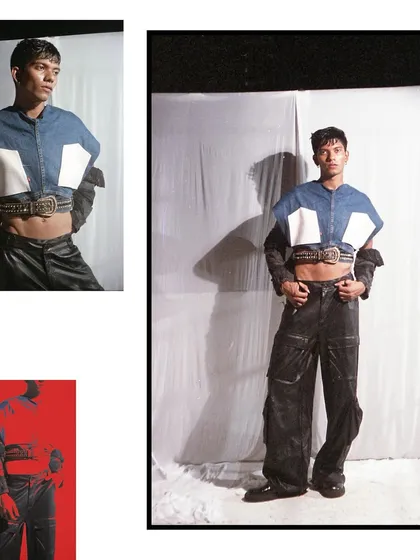 A full-length view of the experimental denim and leather outfit. The harsh shadows and the grain of the 35mm film add to the gritty, rebellious aesthetic.