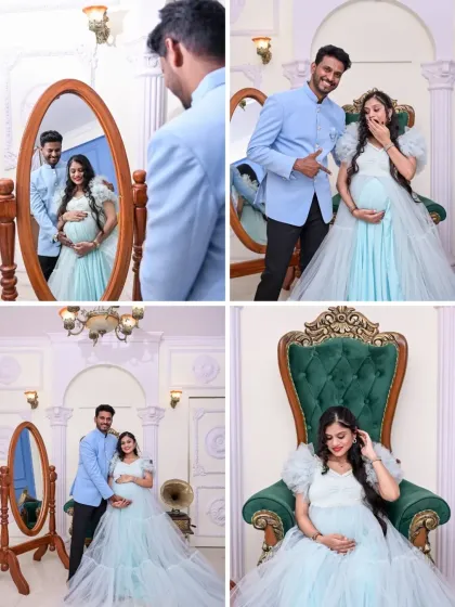 A fun and playful collage from a royal-themed shoot. It captures the couple's happy and spontaneous reactions, showing that even an elegant session can be filled with laughter and joy.