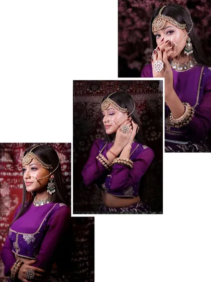 A collage of portraits from a styled bridal shoot. The different poses showcase the model's elegant purple attire and stunning traditional jewelry against a dramatic, dark background.