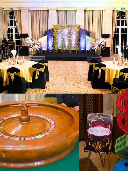 A collage showing the Gatsby-themed stage and a close-up of the roulette table. This demonstrates how I carry a theme through both large-scale decor and smaller, interactive details.