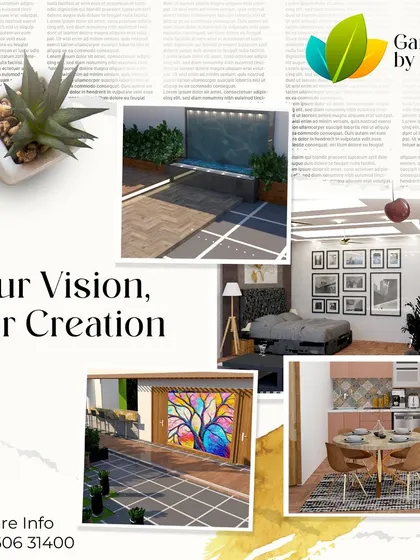 This collage demonstrates our "Your Vision, Our Creation" philosophy. It shows a variety of spaces we've designed, from outdoor areas with colorful art to cozy dining nooks and modern bedrooms.