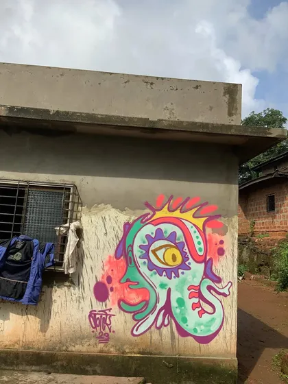 Another 'psyganesh' character painted on a village wall in the Konkan region. Taking my art outside the city and into nature is always a special experience.