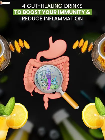An overview of four gut-healing drinks designed to boost immunity and reduce inflammation, featuring ingredients like turmeric, ginger, and citrus.