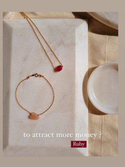 Another shot of the Ruby Baati choker and Peach Moonstone cloud bracelet. Ruby is for wealth and passion, while Peach Moonstone brings peace and good fortune.