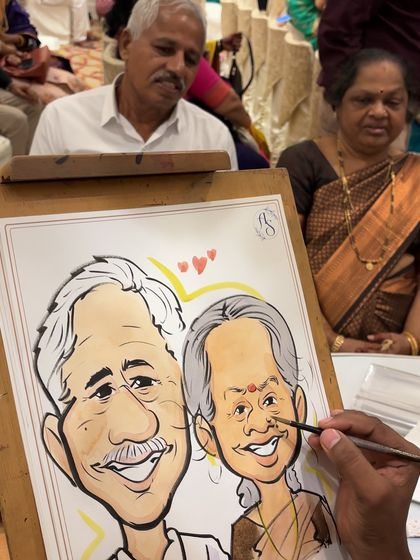 A beautiful watercolor caricature of an older couple, highlighted with hearts to celebrate their lasting love.