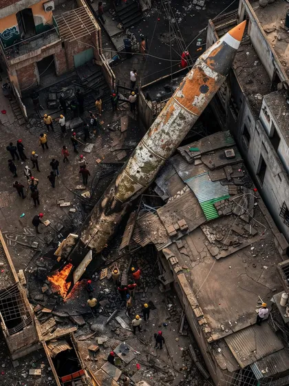 An aerial view of another rocket crash in 'Rocketganj', this time on a building's rooftop. The series repeatedly emphasizes that this is a normal, accepted part of life here.