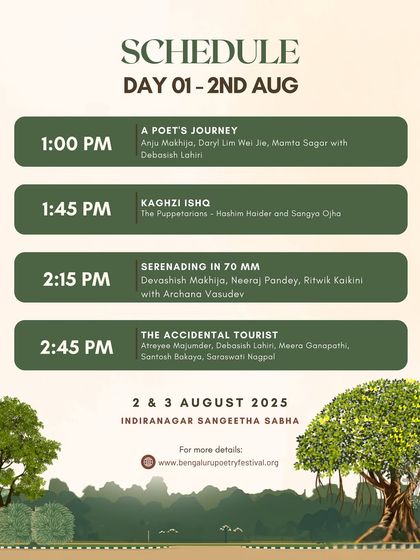 The afternoon schedule for Day 1 of BPF 2025, covering a poet's journey, puppetry, and the connection between cinema and poetry.