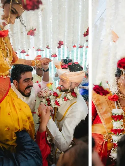 The bride being lifted high by her family during the garland ceremony is a classic, fun-filled moment in many Indian weddings. We capture the energy and laughter of this tradition.
