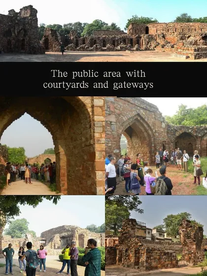 A collage showing groups exploring the public courtyards and massive gateways of Feroz Shah Kotla. These areas were designed for public audiences and royal processions.