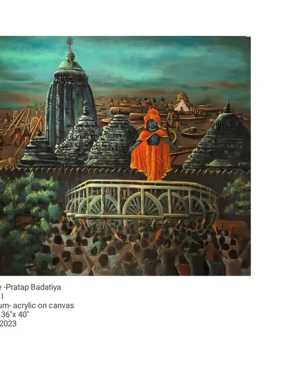 A still image of the painting 'I,' offering a clear view of the intricate details in the temple architecture and the crowd below.
