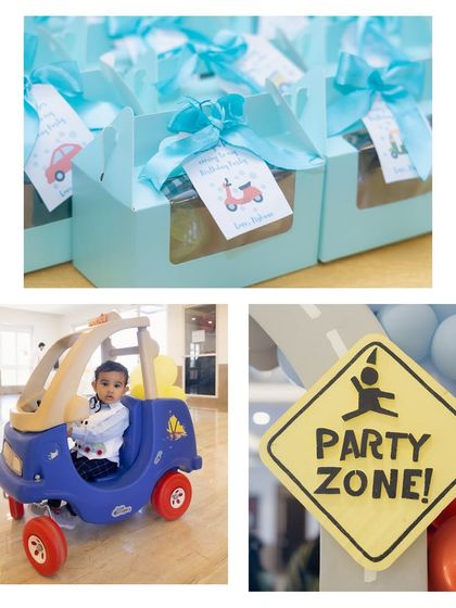 A collage showing a 'Party Zone' sign, a child enjoying a toy car, and beautifully packaged party favors.