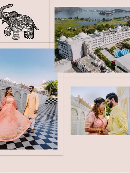 A mood board for an Udaipur wedding, featuring an aerial view of the lakeside hotel, the beautiful couple, and artistic local motifs.