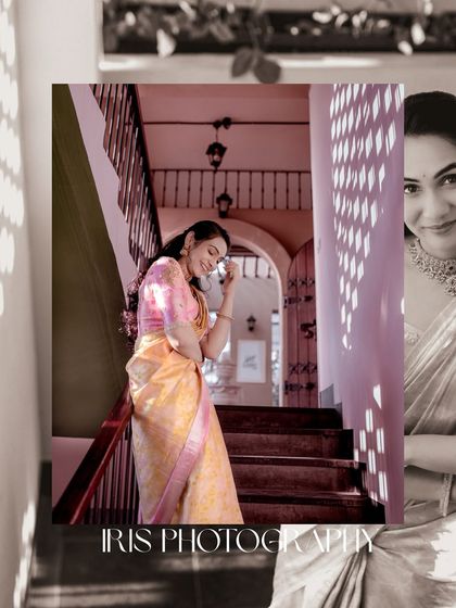 An artistic portrait using shadows and light on a staircase. This creative composition adds a touch of drama to a traditional look.