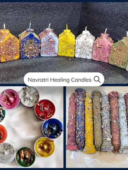 Here's our range of Navratri Healing Candles. We have taper candles, t-light candles, and house candles, all available in a pack of 9 charged with herbs and energy.