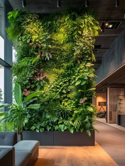 An example of our biophilic design services, this large-scale artificial vertical garden acts as a living art piece in a commercial lobby. The dense, varied foliage brings a vibrant touch of nature indoors without requiring maintenance, enhancing the overall ambiance of the space.