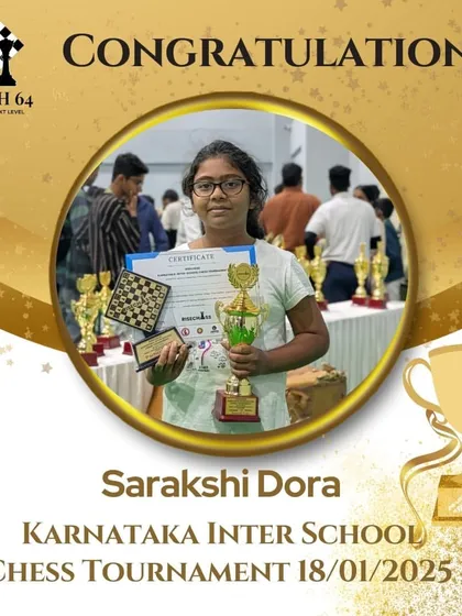 We are proud to foster talent across all categories, including a strong contingent of female players. Here, our student Sarakshi Dora celebrates her win at the Karnataka Inter-School Chess Tournament, a testament to her skill and our inclusive environment.