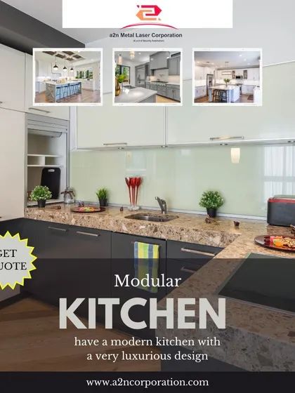 This two-tone modular kitchen combines dark grey base cabinets with frosted glass upper cabinets. The design includes a built-in microwave and oven, showcasing our ability to create luxurious and highly functional kitchen spaces.