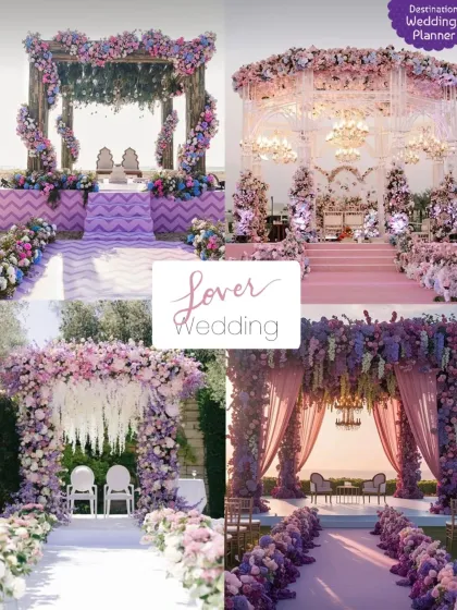 A collage of four different mandap designs inspired by Taylor Swift's 'Lover' album. This shows how I can take a unique theme and translate it into dreamy, pastel-hued wedding decor.
