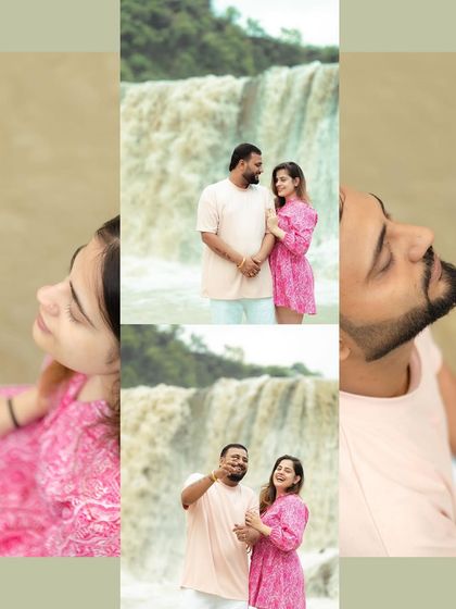 A collage capturing candid and happy moments during a pre-wedding shoot at a waterfall. We focus on the couple's natural interactions and laughter, telling a story of fun and togetherness.