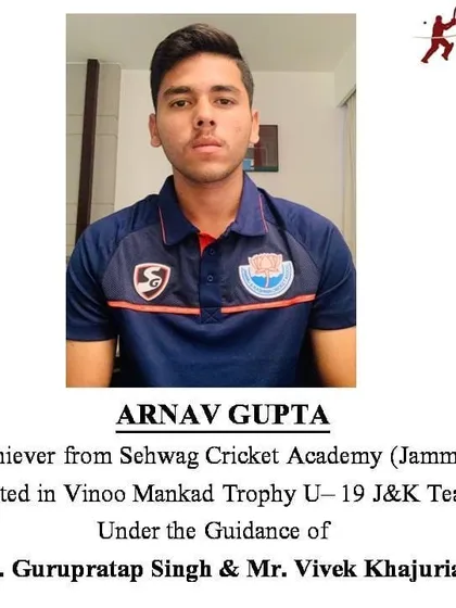 We are proud to announce the selection of our trainee, Arnav Gupta from our Jammu academy, for the U-19 J&K Team in the prestigious Vinoo Mankad Trophy. This highlights the success of our structured guidance program.