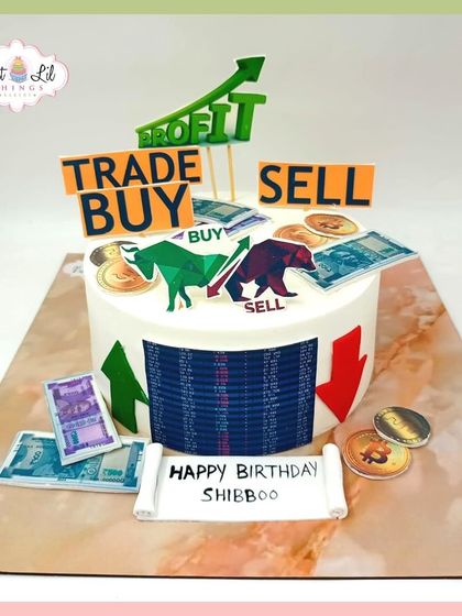 A stock market-themed cake for Shibboo's birthday, featuring bull and bear symbols, edible money, and a profit chart.