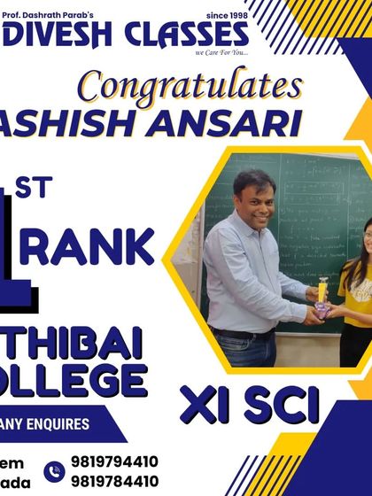 We celebrate the achievements of our students, like Kashish Ansari, who secured the 1st rank in XI Science at Mithibai College. This is a testament to our focus on building a strong foundation from the start.