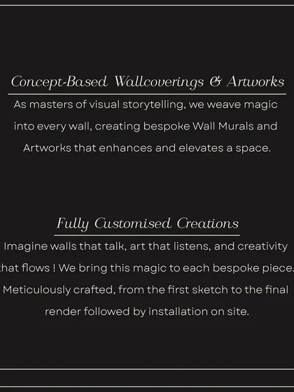 What do we offer? This graphic explains our two core services: Concept-Based Wallcoverings & Artworks, where we weave magic into walls, and Fully Customised Creations, where we meticulously craft your unique vision.