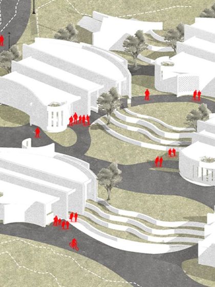 This conceptual illustration shows our masterplan for a 109-acre educational campus in Pune. A meandering pathway connects pavilion blocks, lecture halls, and open courts, creating a campus that sparks social interaction and harmonizes with the natural contoured site.