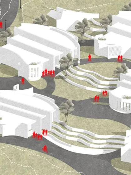 An axonometric view of the proposed educational campus in Pune. The design arranges buildings along the site's natural contours, creating a series of interconnected spaces that harmonize with the landscape.