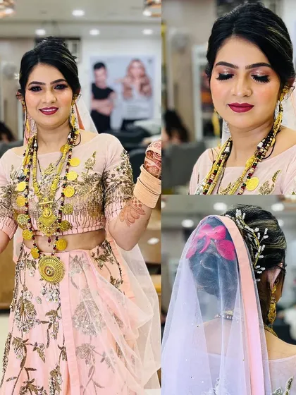 A lovely party look featuring a client in a pink lehenga with unique coin jewelry. Her hair is styled in an elegant updo with floral accessories, perfect for a daytime event.