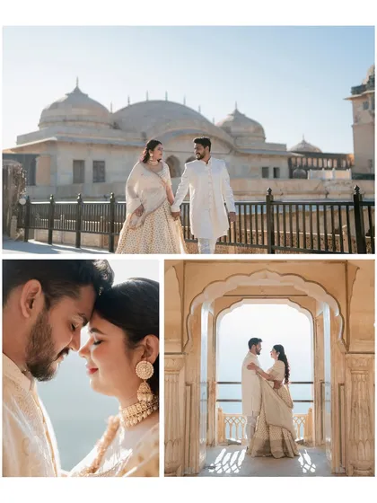 Suyash and Somya's elegant pre-wedding shoot at Nahargarh Fort, with the city of Jaipur in the background, offering a stunning panoramic view.