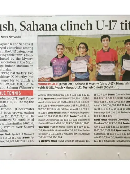 "Ayush, Sahana clinch U-17 titles." A Times News Network article celebrating Sahana H Murthy's victory in the U-17 girls' category at the Mysore state ranking tournament.