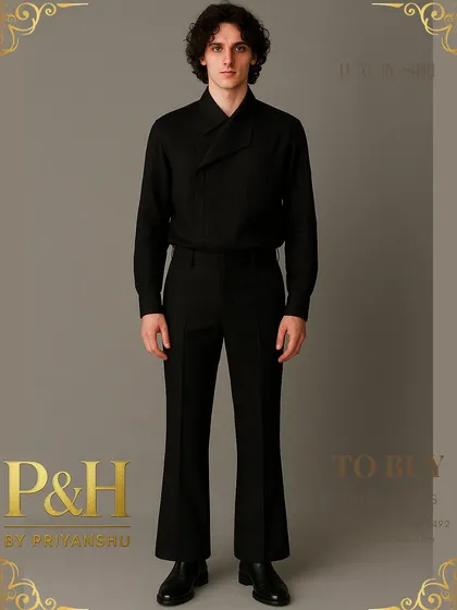 A modern and edgy look, this bespoke black linen shirt features an experimental wrap collar. It is paired with black Italia boot-cut pants for a sleek, fashion-forward silhouette.