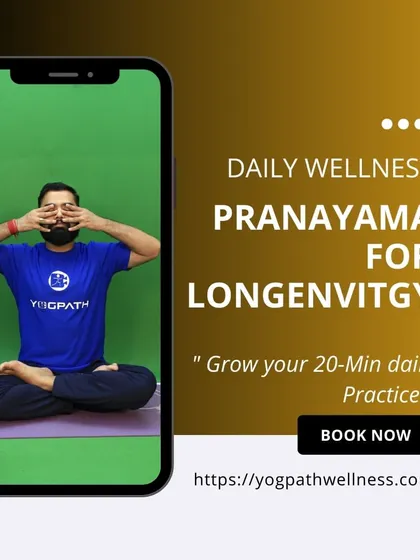 This graphic promotes our Daily Wellness Pranayama program, designed to help you build a 20-minute daily practice for longevity. Regular pranayama can reduce stress, improve respiratory function, and enhance mental well-being.
