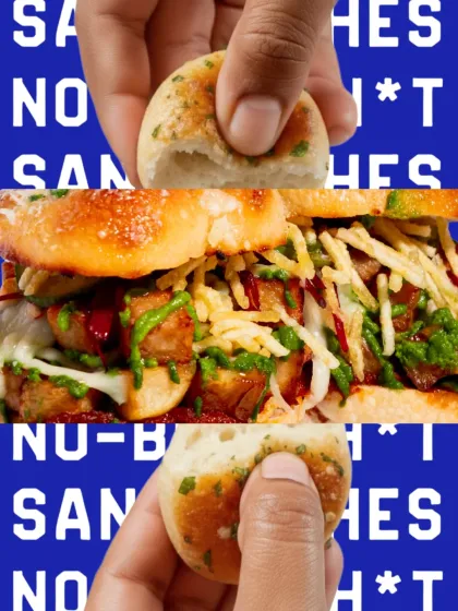 A visual breakdown of the Thecha Chip Butty, showing how we layer spicy potatoes and crispy chips inside our garlic knot.