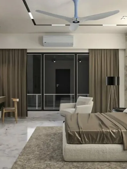 A luxurious bedroom concept with marble flooring, a floor-to-ceiling upholstered headboard, and a dedicated seating area.