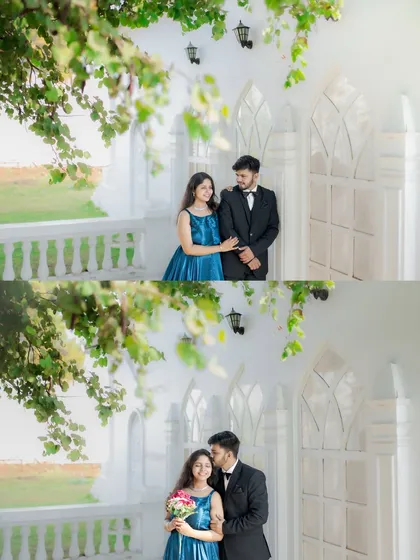 A diptych showing two connected moments of a couple on a balcony, one looking at each other and one sharing a tender kiss on the forehead.