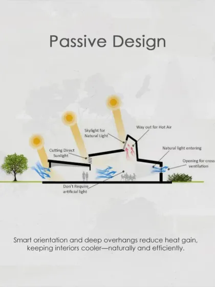 A diagram explaining the principles of passive design. Smart orientation, deep overhangs, and openings for cross-ventilation are used to reduce heat gain and keep interiors naturally cooler and more efficient.