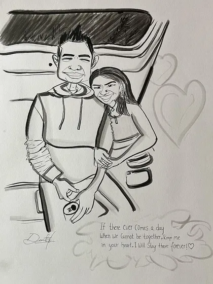 A romantic couple's caricature with a touching quote, perfect for an anniversary or Valentine's Day gift.