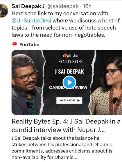The thumbnail for my candid interview with Nupur Sharma on OpIndia's "Reality Bytes". We discussed the selective application of hate speech laws and the need for the Hindu community to define its own non-negotiables.