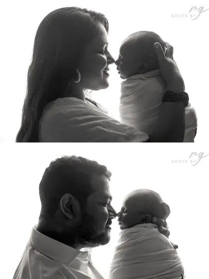 A beautiful silhouette collage of new parents with their baby. This artistic style creates a timeless and emotional portrait of your new family.