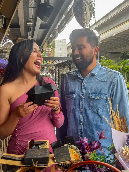 Pure laughter and happiness. This photo captures the genuine joy that our surprise experiences bring to couples.