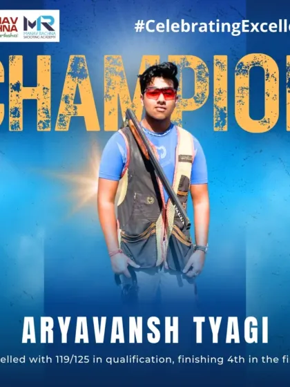 A graphic celebrating the strong performance of our shooter Aryavansh Tyagi, who finished 4th in the finals after an outstanding qualification score at the 3rd Digvijay Singh Memorial Shooting Championship.