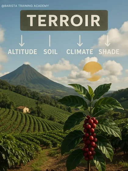 An illustration explaining the concept of "terroir" in coffee. Factors like altitude, soil, climate, and shade all contribute to a coffee's unique flavor profile.