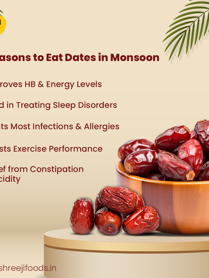 Especially during the monsoon, dates are a great fruit to eat. This image lists some key reasons, like improving energy levels and helping with digestion. My dates are premium quality, sweet, and full of goodness.