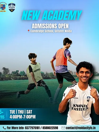 We don't just train players, we create champions. Our new academy at Cambridge School in Greater Noida is now open, offering training on Tuesdays, Thursdays, and Saturdays for aspiring young footballers.