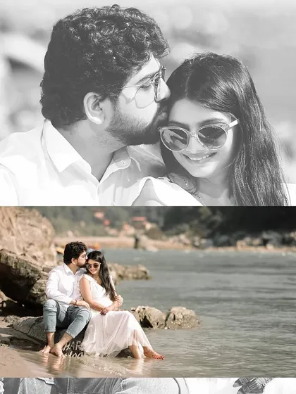 A black and white collage showing a couple's pre-wedding moments by the river. The monochrome effect adds a timeless and classic feel to their story.
