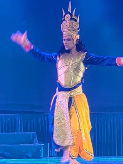 A dynamic shot of my portrayal of Krishna during the '18 Days' performance. The goal is to capture his divine energy, wisdom, and the calm he maintains even in the midst of chaos.