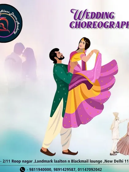 A charming illustration that captures the romance of a wedding dance. We are located in Roop Nagar, New Delhi, and are ready to choreograph the perfect sangeet or reception performance for you.