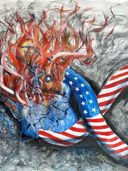 A powerful and symbolic painting reflecting on global events. This piece uses strong imagery, like the burning Eiffel Tower and the American flag, to make a statement about world turmoil.